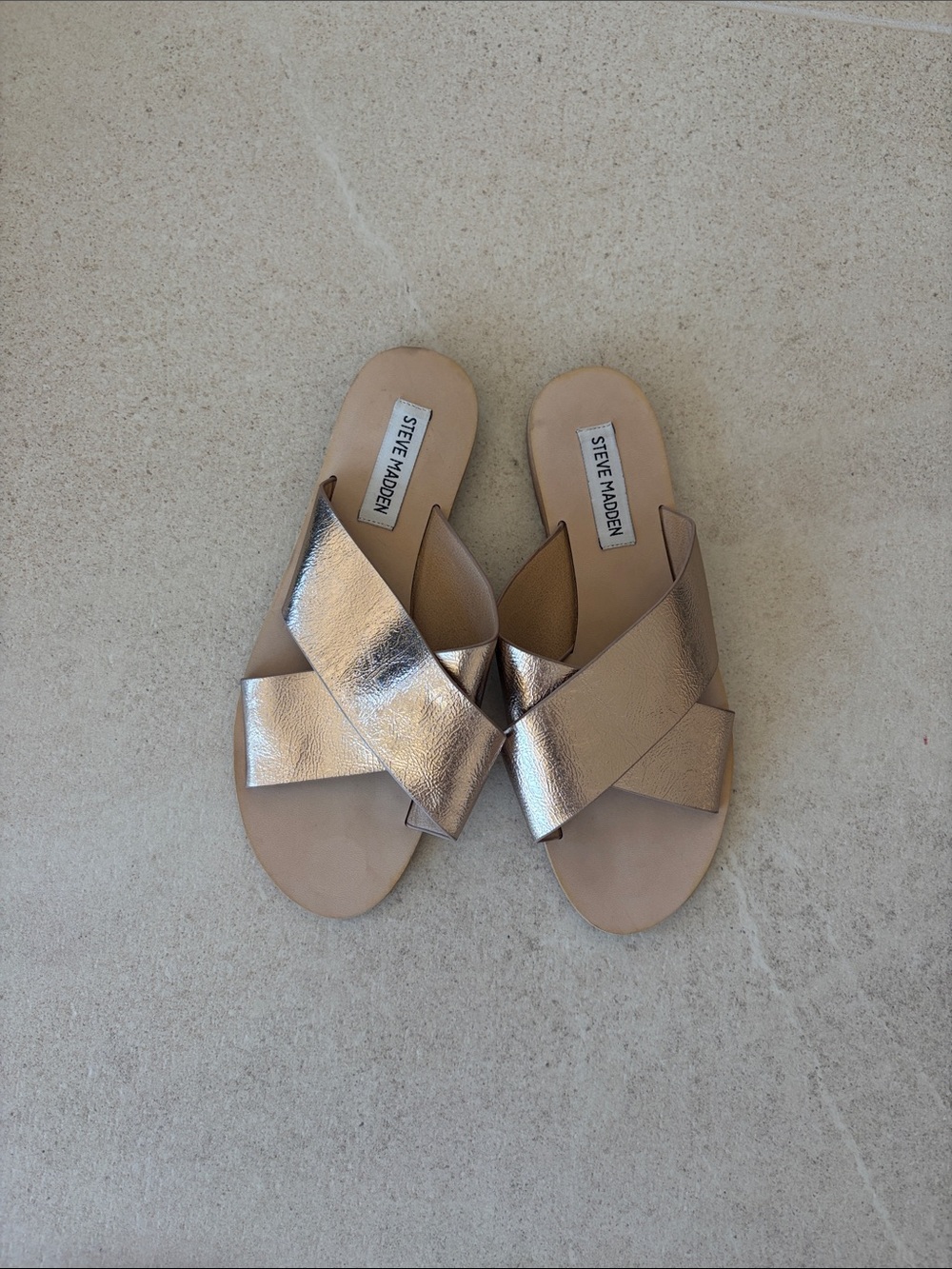 Steve Madden Metallic Rose Gold Crisscross Slide Sandals